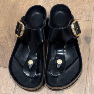Birkenstock Black Toe-Post Sandals with Gold Buckles